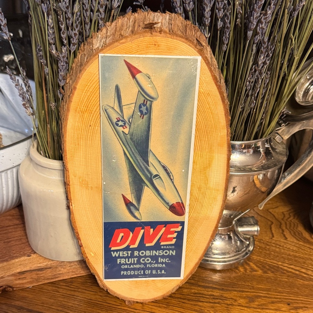 Dive Brand West Robinson Fruit Co Airplane Art on Wooden Plaque